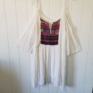 Women's Strappy Open Shoulder Flared Sleeve Embroidered Dress